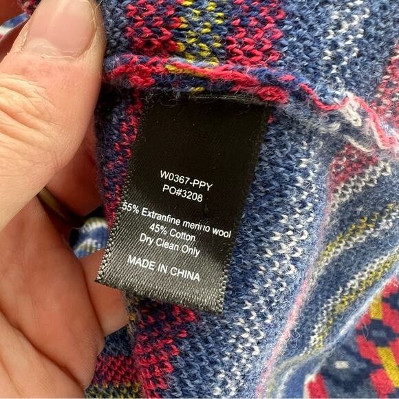 Betabrand Fair Isle Merino Wool Blend Mission Wrap Hooded Cardigan Blue Red - Picture 4 of 5